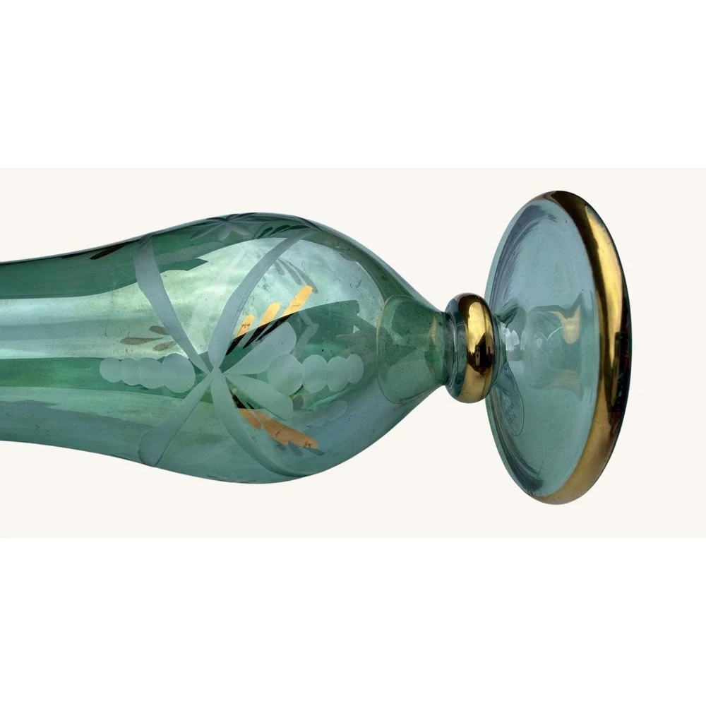 Vintage Royal Limited Emerald Green Glass Vase Hand Cut Etched Gold Rim 6 3/4